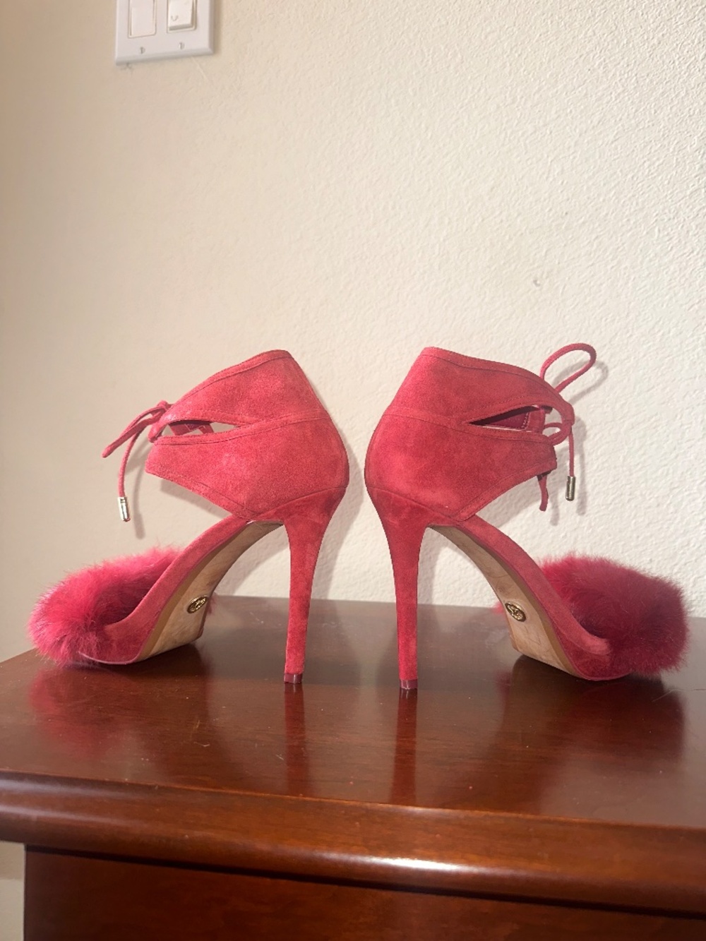 MK Scarlet Red Rabbit & Suede High Heels - Picture 2 of 3